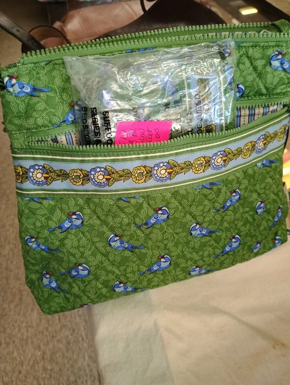 Vera Bradley Green Floral Bird Crossbody Bag with Blue Accents